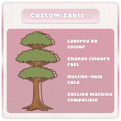 Customisable fairytale woodland tree SVG design preview with layered colours, outline-only cuts, and cutting machine compatible tree clipart.
