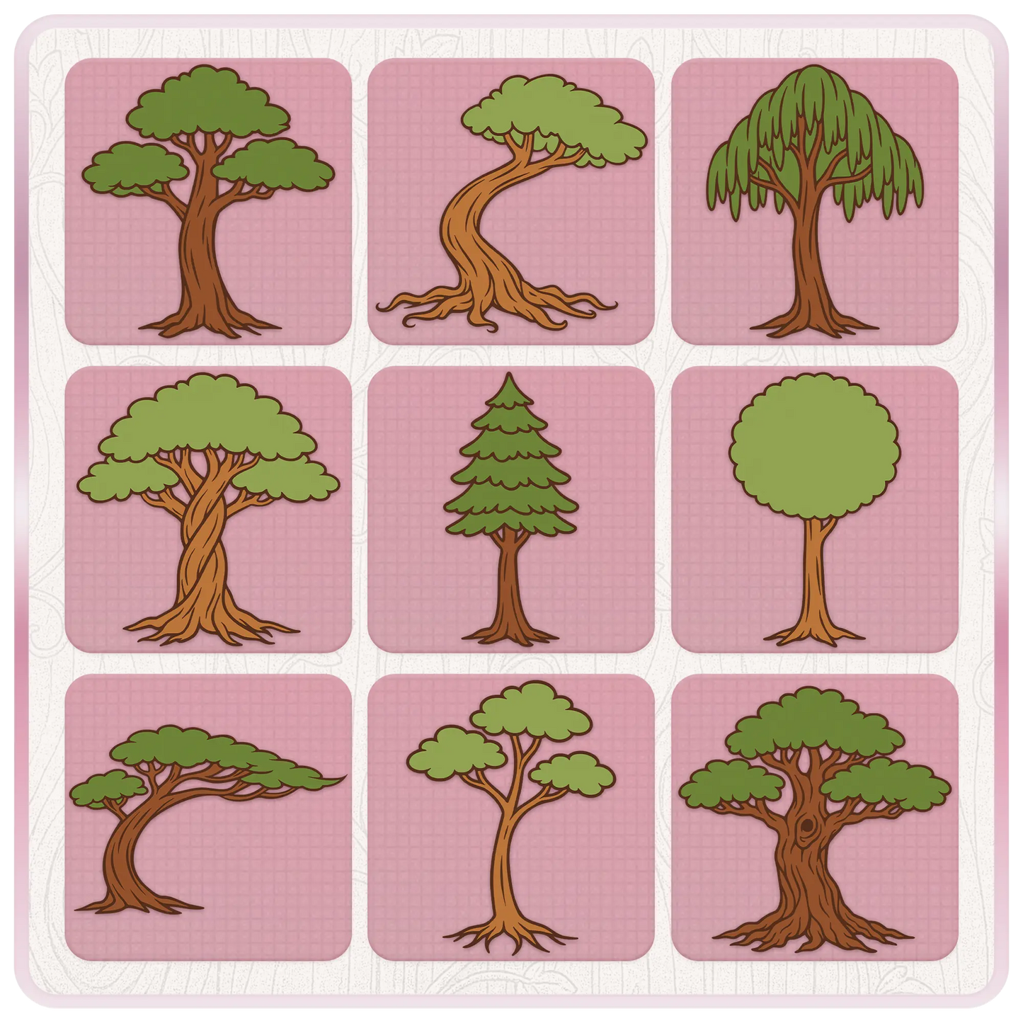 Woodland tree clipart bundle preview showing nine whimsical fantasy tree SVG designs with green canopies and brown trunks on pink background cards.