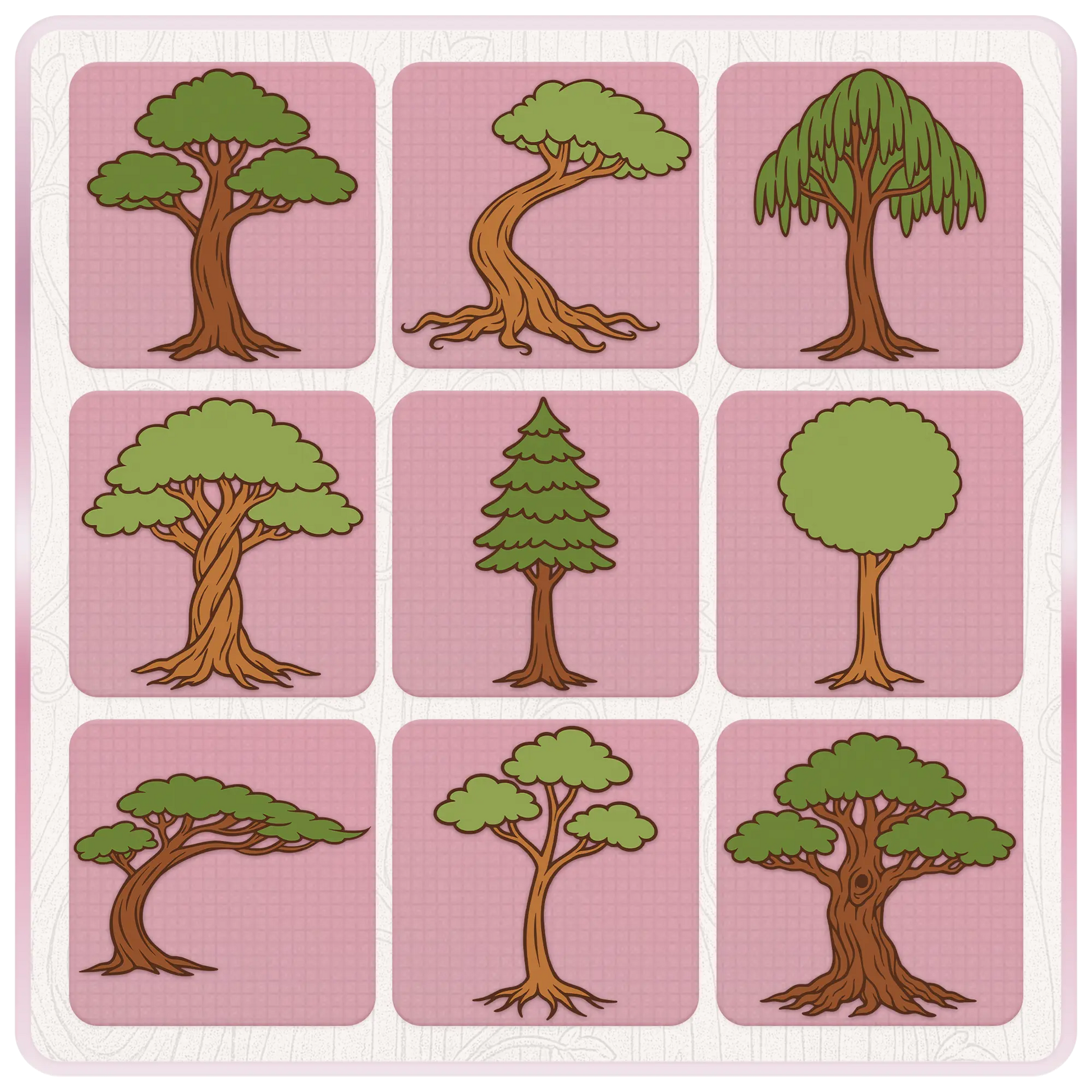 Woodland tree clipart bundle preview showing nine whimsical fantasy tree SVG designs with green canopies and brown trunks on pink background cards.