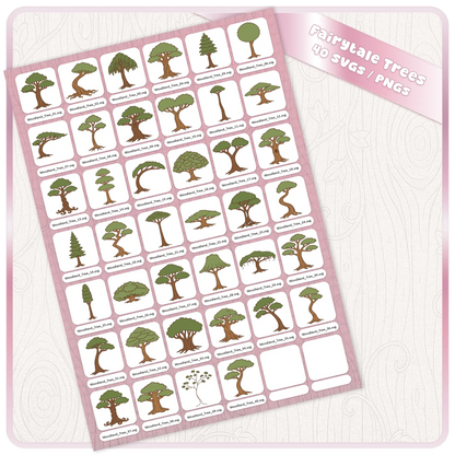 Full preview sheet of Fairytale Woodland Trees 40 SVG and PNG digital download bundle with assorted whimsical forest tree clipart files.
