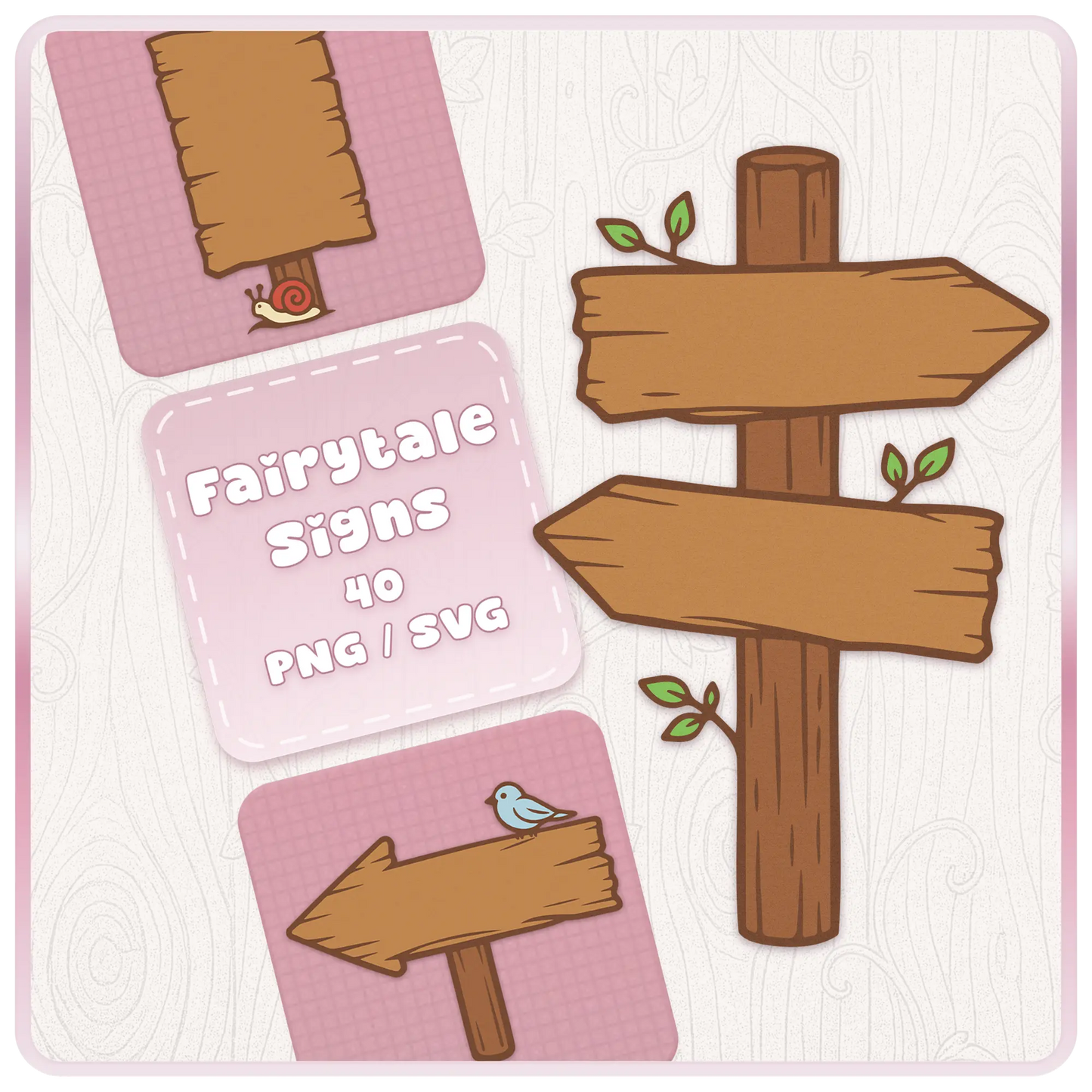 Fairytale Woodland Wooden Signs SVG and PNG bundle cover featuring rustic wooden signposts, pink cottagecore background, snail illustration, bird, and whimsical forest clipart.