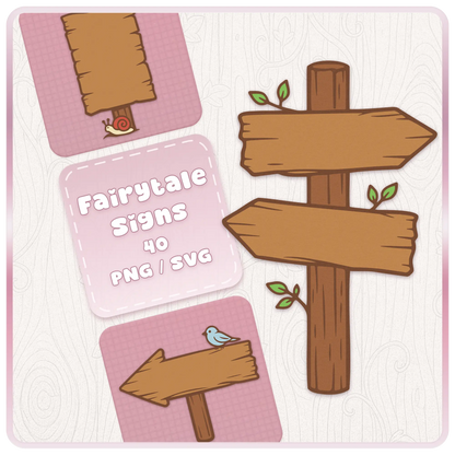 Fairytale Woodland Wooden Signs SVG and PNG bundle cover featuring rustic wooden signposts, pink cottagecore background, snail illustration, bird, and whimsical forest clipart.