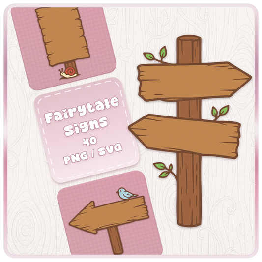 Fairytale Woodland Wooden Signs SVG and PNG bundle cover featuring rustic wooden signposts, pink cottagecore background, snail illustration, bird, and whimsical forest clipart.