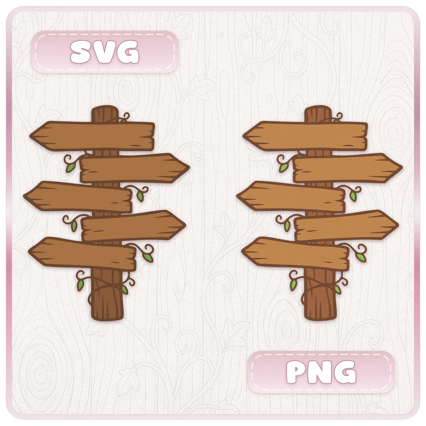 Woodland wooden sign SVG and PNG preview showing layered rustic forest signposts with arrow planks, vines, leaves, and transparent cut file format options.
