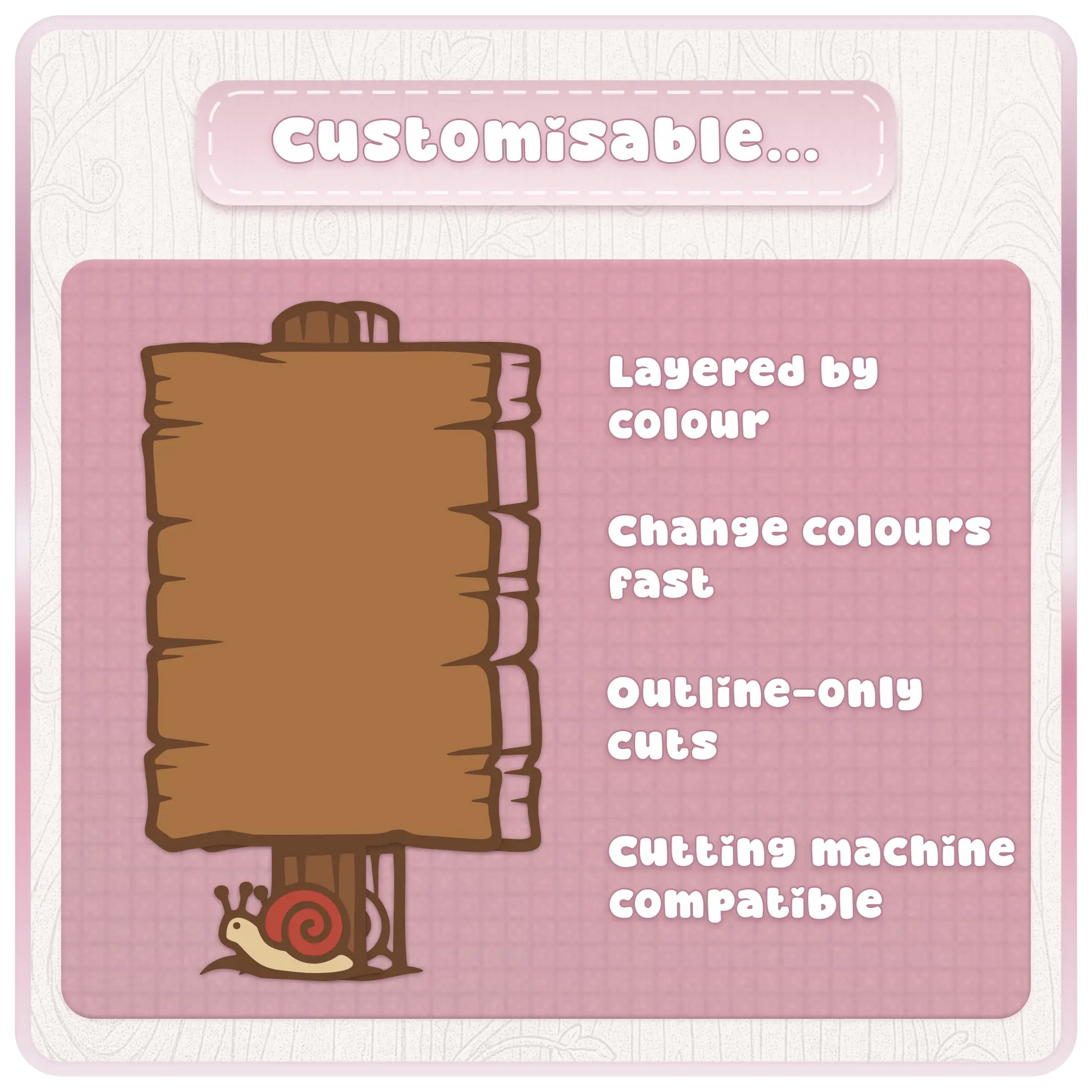 Customizable fairytale wooden sign clipart preview with layered colors, fast color editing, outline-only cut options, and cutting machine compatible SVG files.