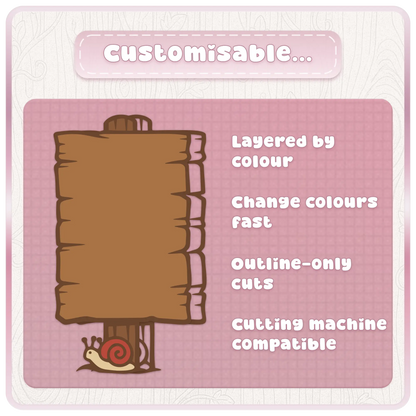 Customizable fairytale wooden sign clipart preview with layered colors, fast color editing, outline-only cut options, and cutting machine compatible SVG files.