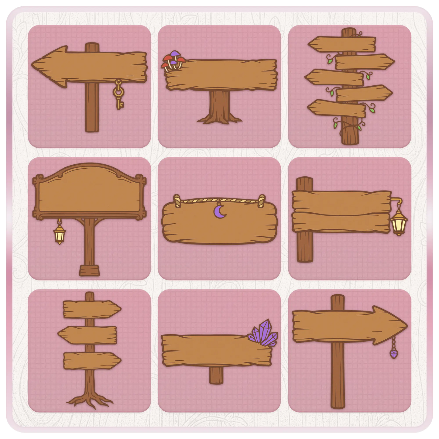 Fairytale woodland wooden sign clipart bundle preview featuring rustic arrows, hanging signs, lanterns, crystals, mushrooms, vines, and multi-directional wood signposts.