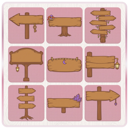 Fairytale woodland wooden sign clipart bundle preview featuring rustic arrows, hanging signs, lanterns, crystals, mushrooms, vines, and multi-directional wood signposts.