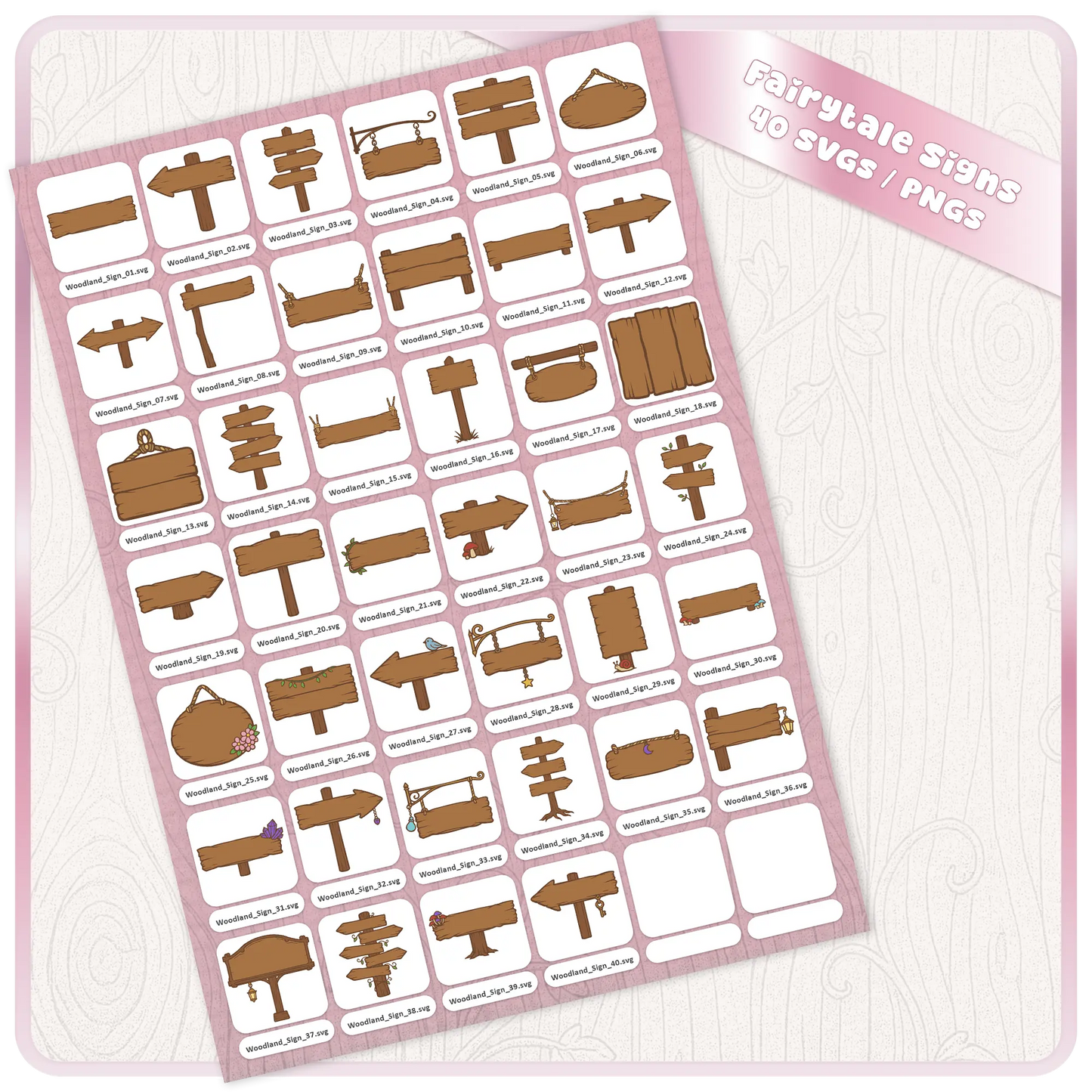 Fairytale Woodland Signs SVG and PNG bundle sheet showing 40 wooden sign clipart designs for Cricut, Silhouette, sublimation, stickers, printables, and fairy garden crafts.