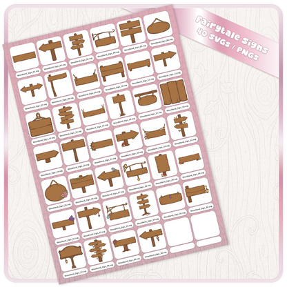Fairytale Woodland Signs SVG and PNG bundle sheet showing 40 wooden sign clipart designs for Cricut, Silhouette, sublimation, stickers, printables, and fairy garden crafts.