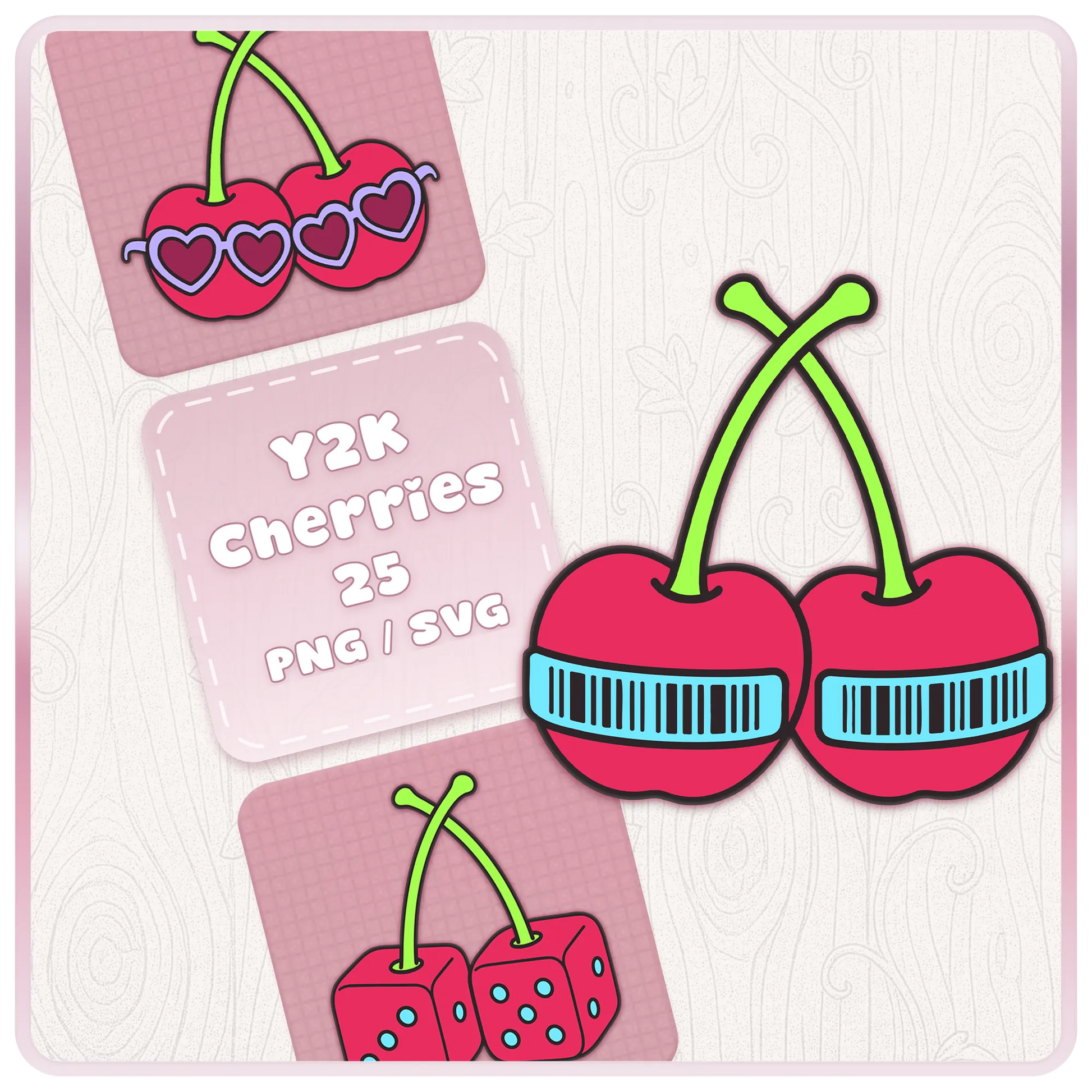 Y2K Cherry SVG and PNG bundle cover featuring retro cherries with barcode sunglasses and colourful cherry clipart previews.