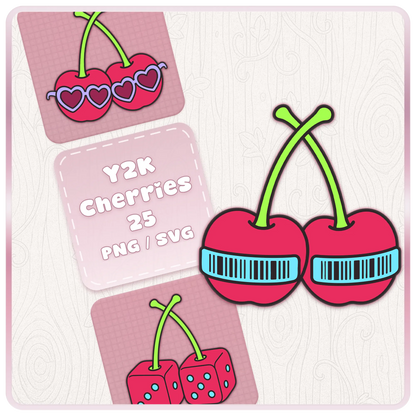 Y2K Cherry SVG and PNG bundle cover featuring retro cherries with barcode sunglasses and colourful cherry clipart previews.
