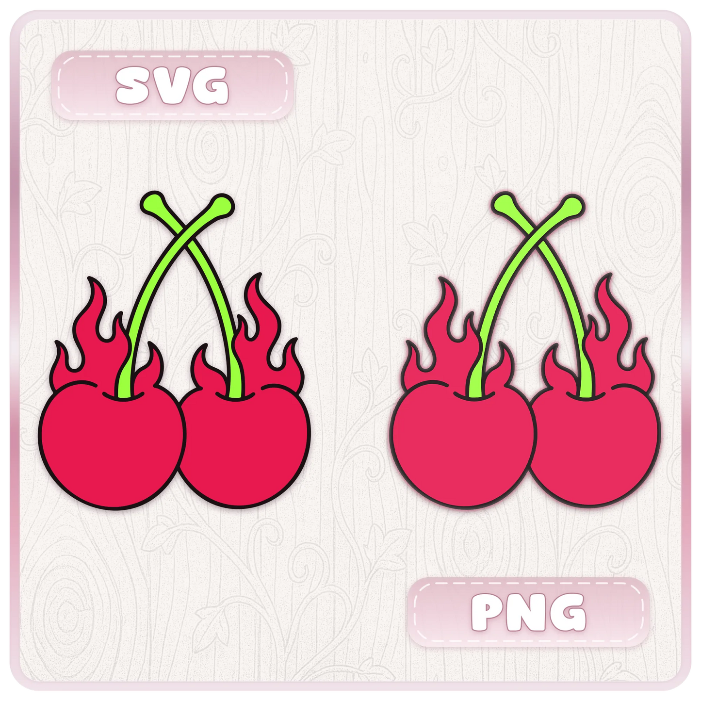 Y2K cherry file format preview showing flaming cherry designs supplied as editable SVG and transparent PNG files.