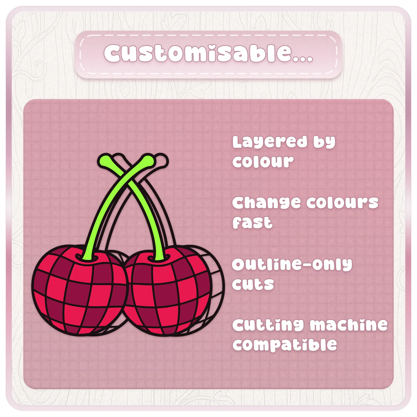 Customisable Y2K cherry SVG example showing layered colour sections, editable colours and outline-only cutting options.
