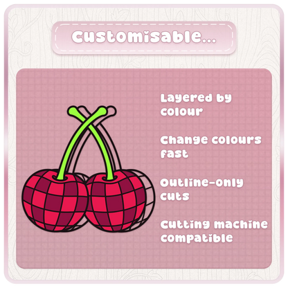Customisable Y2K cherry SVG example showing layered colour sections, editable colours and outline-only cutting options.