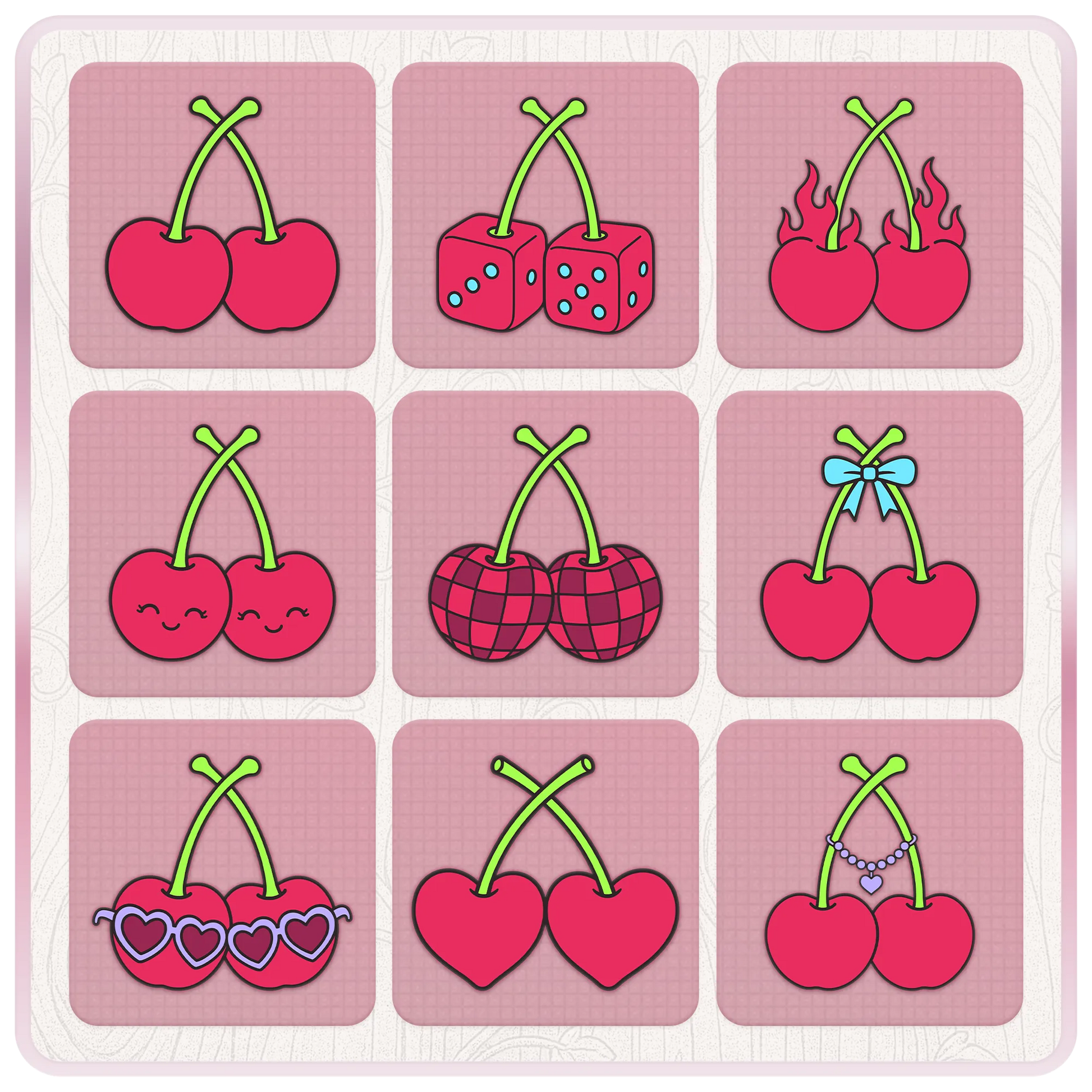 Nine retro Y2K cherry SVG designs featuring classic cherries, dice, flames, bows, hearts, sunglasses and disco patterns.