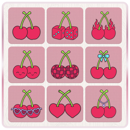 Nine retro Y2K cherry SVG designs featuring classic cherries, dice, flames, bows, hearts, sunglasses and disco patterns.