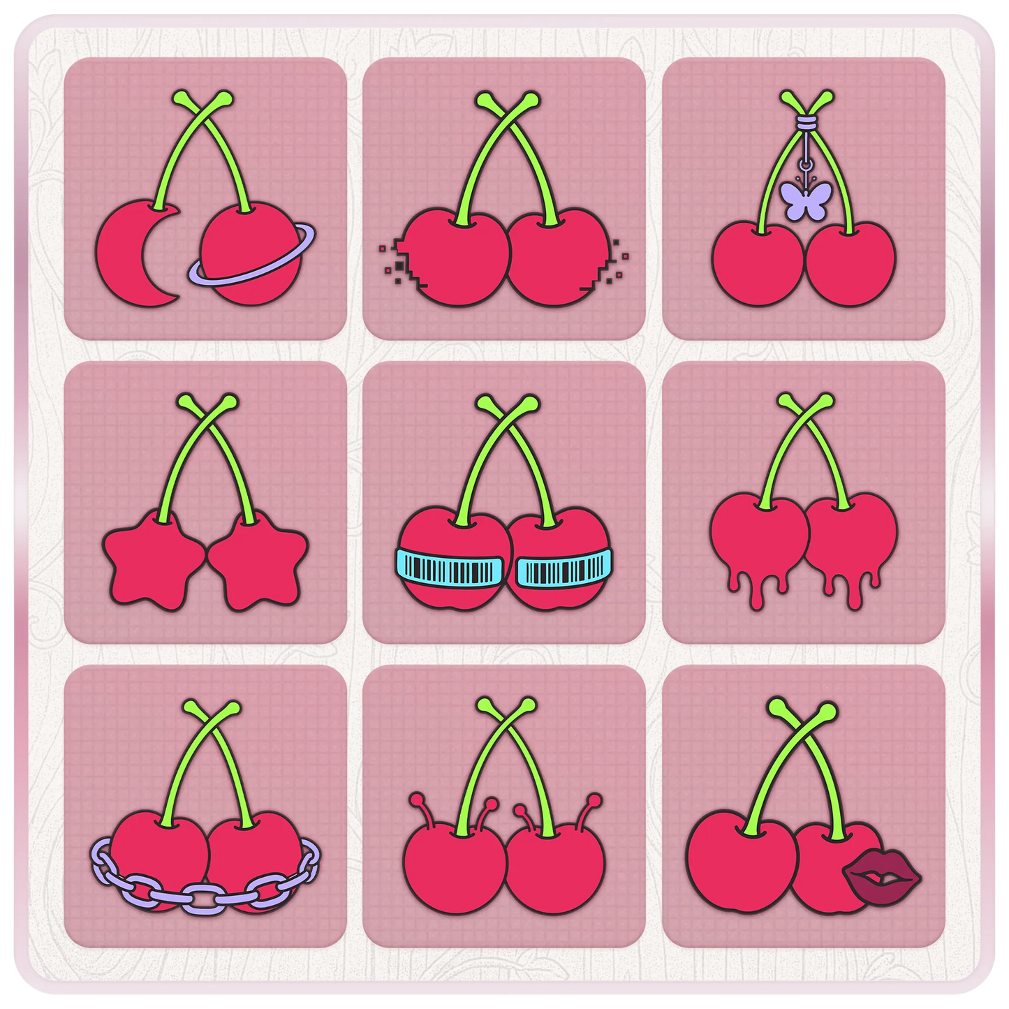 Nine Y2K cherry clipart designs featuring moon cherries, pixel cherries, butterfly charm, stars, barcode glasses, chains and lips.