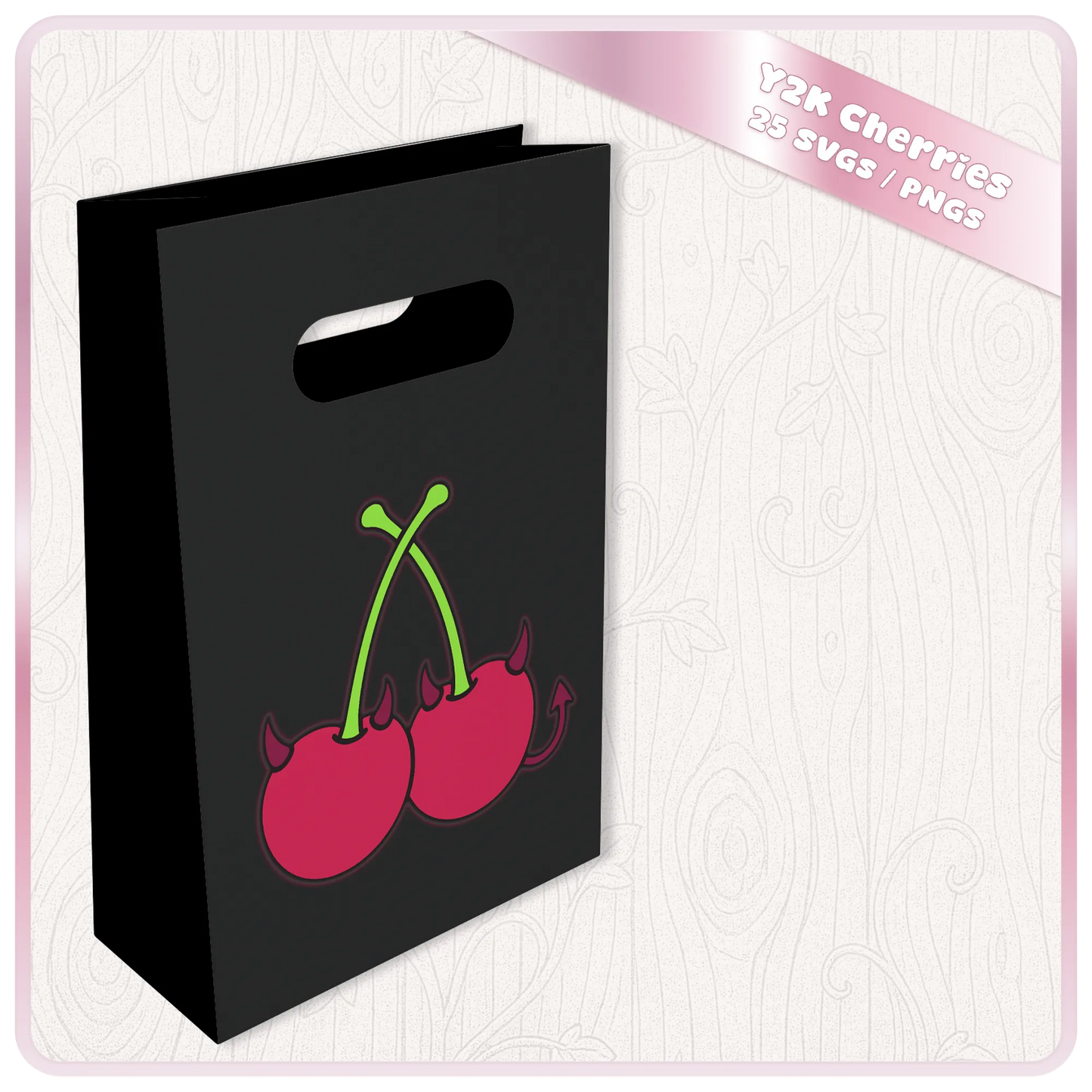Black gift bag mockup featuring a devil cherry SVG design from the 25-piece Y2K cherry clipart bundle.