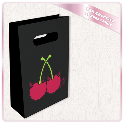 Black gift bag mockup featuring a devil cherry SVG design from the 25-piece Y2K cherry clipart bundle.