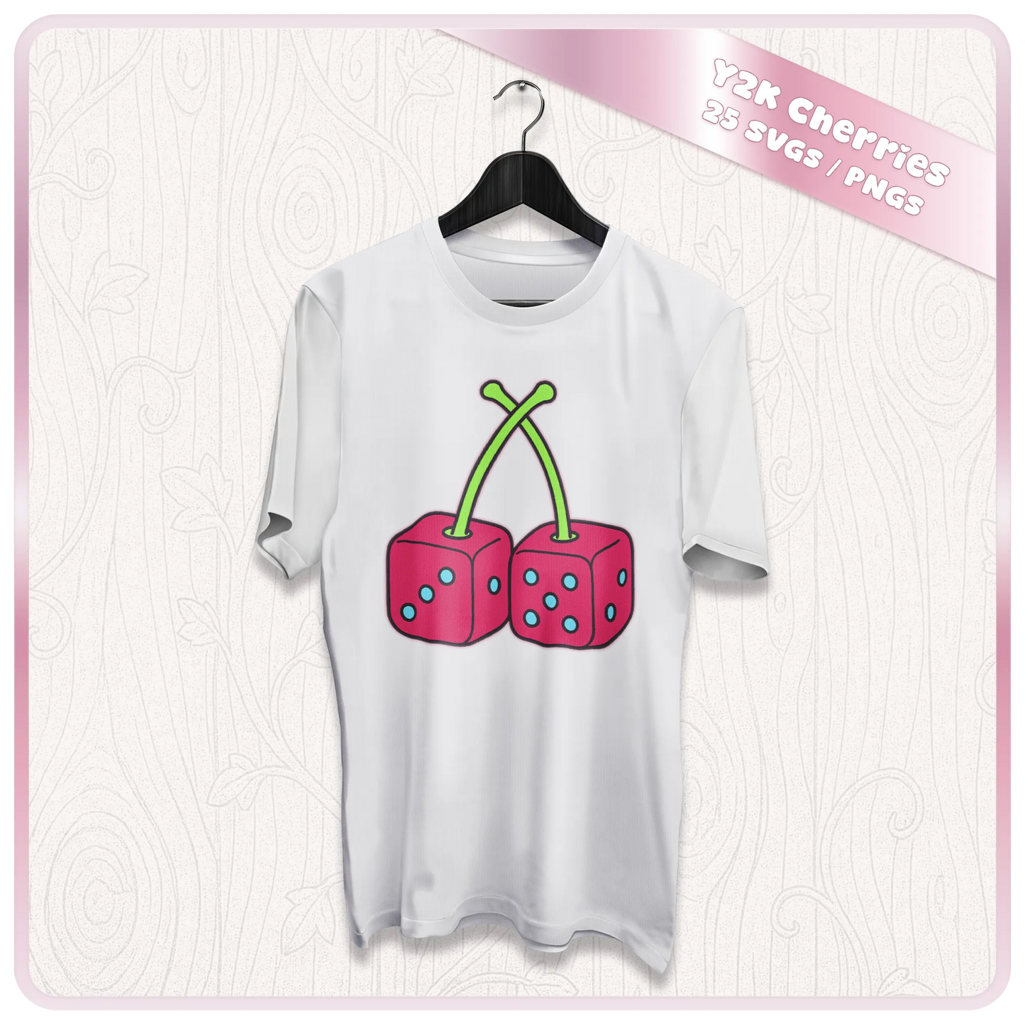 White T-shirt mockup featuring pink dice cherries from the Y2K cherry SVG and PNG digital download bundle.