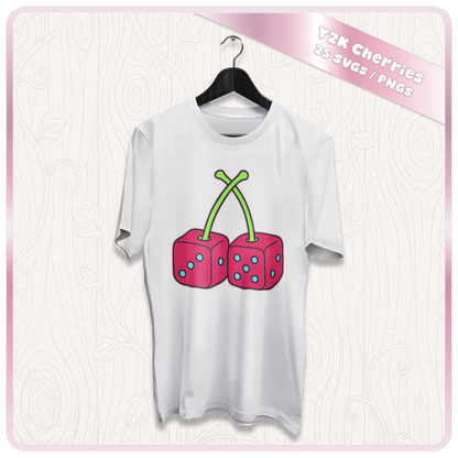 White T-shirt mockup featuring pink dice cherries from the Y2K cherry SVG and PNG digital download bundle.