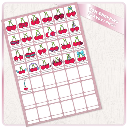 Preview sheet displaying 25 Y2K cherry SVG files including flaming, heart, bow, dice, chain and retro cherry designs.