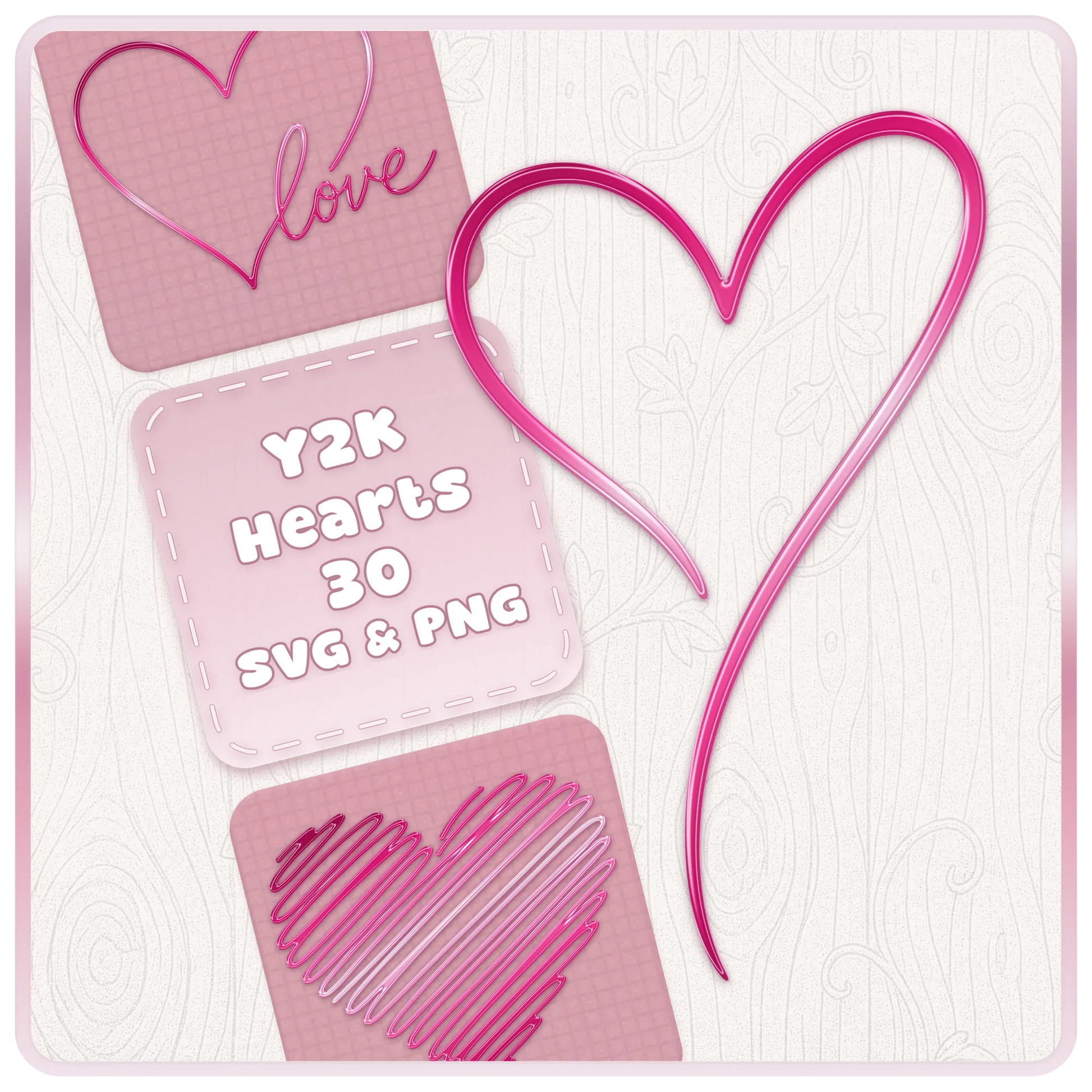 Y2K Hearts SVG and PNG bundle featuring 30 retro pink heart designs including hand drawn hearts, love lettering and scribble heart clipart.