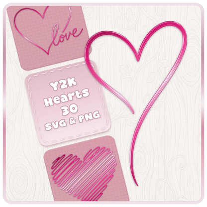 Y2K Hearts SVG and PNG bundle featuring 30 retro pink heart designs including hand drawn hearts, love lettering and scribble heart clipart.