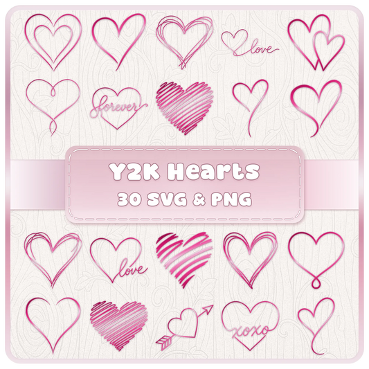 Y2K hearts SVG and PNG clipart bundle featuring 30 pink retro heart designs with hand-drawn outlines, love lettering, scribble hearts, arrows and cute romantic Y2K styles.