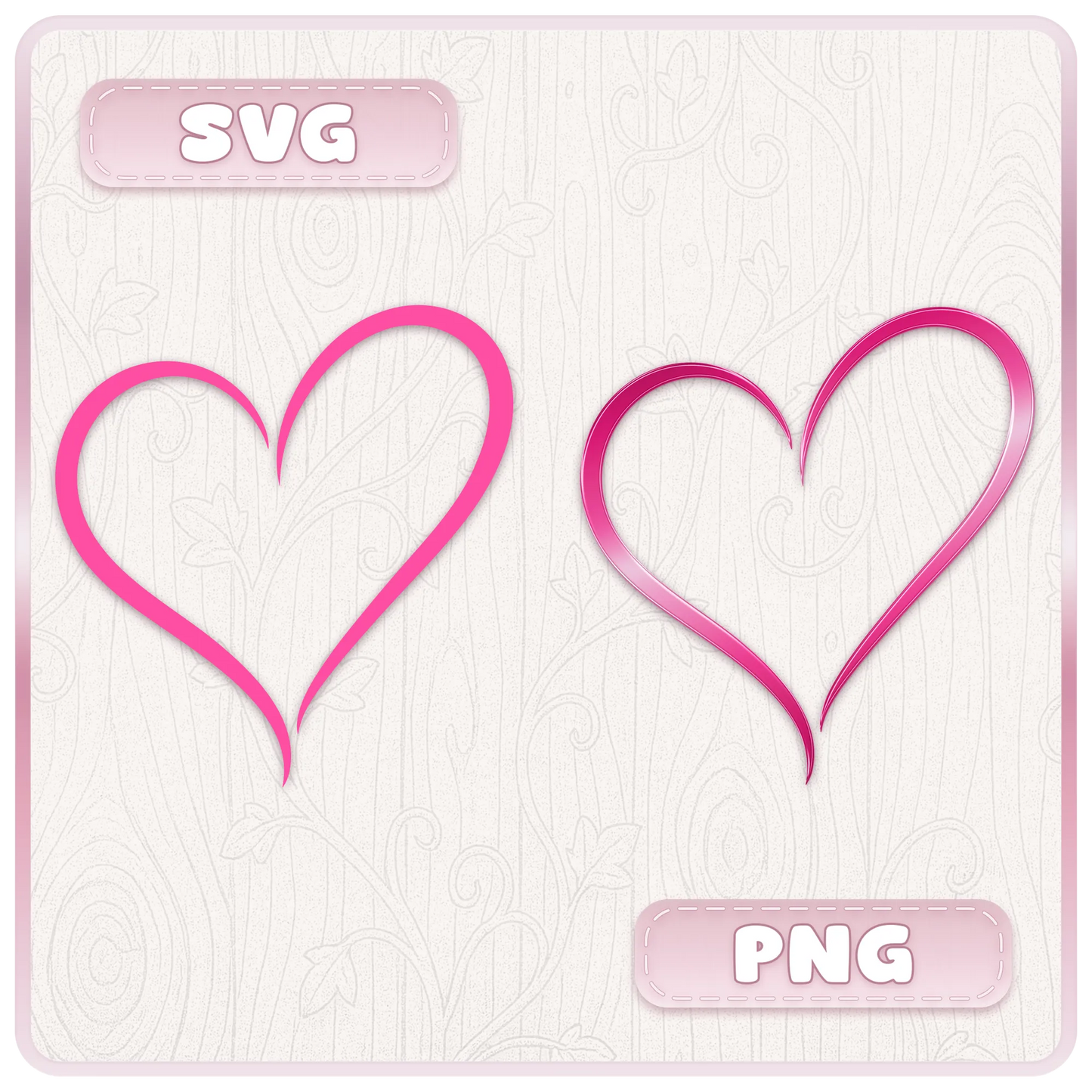 Y2K heart SVG and PNG file comparison showing a plain pink heart cut file beside a glossy retro heart design.