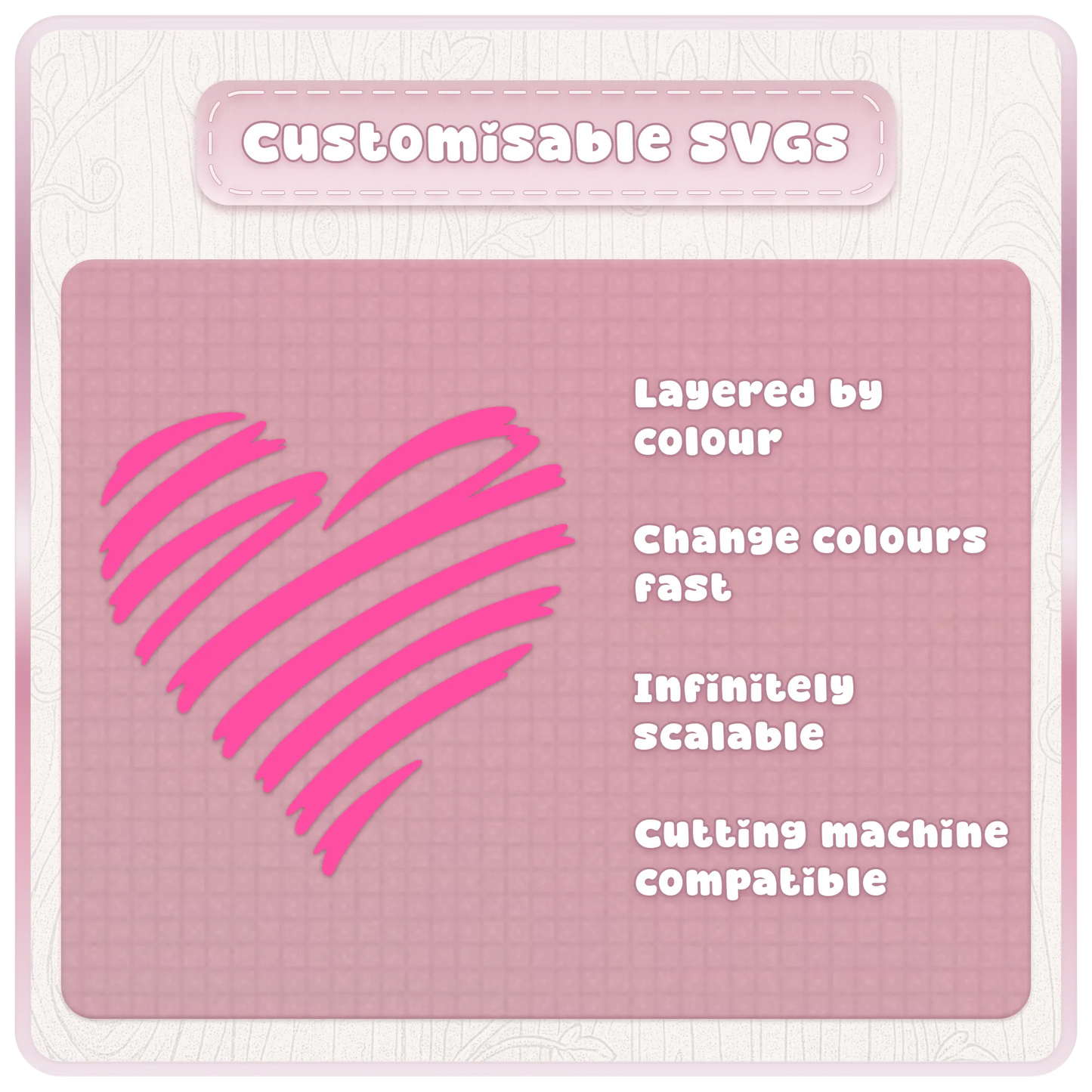 Customisable Y2K heart SVG example showing pink scribble heart artwork with layered colours, scalable vector files and cutting machine compatibility.