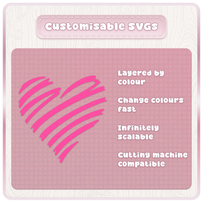 Customisable Y2K heart SVG example showing pink scribble heart artwork with layered colours, scalable vector files and cutting machine compatibility.
