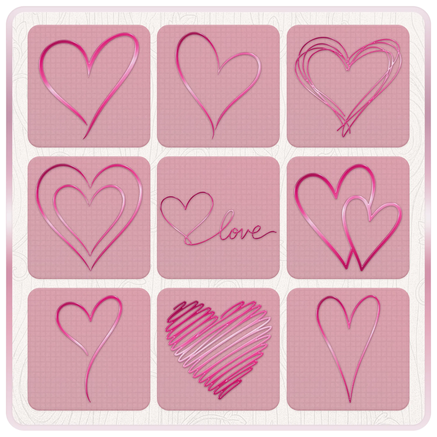 Nine Y2K heart SVG designs including hand drawn hearts, layered hearts, love lettering, scribble hearts and intertwined retro heart outlines.