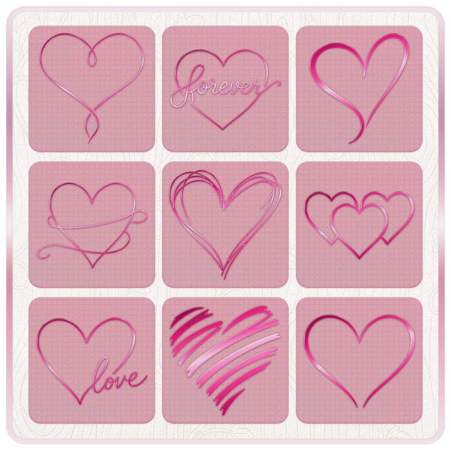 Nine retro Y2K heart SVG and PNG designs featuring forever lettering, love script, triple hearts, scribbled hearts and hand drawn heart outlines.