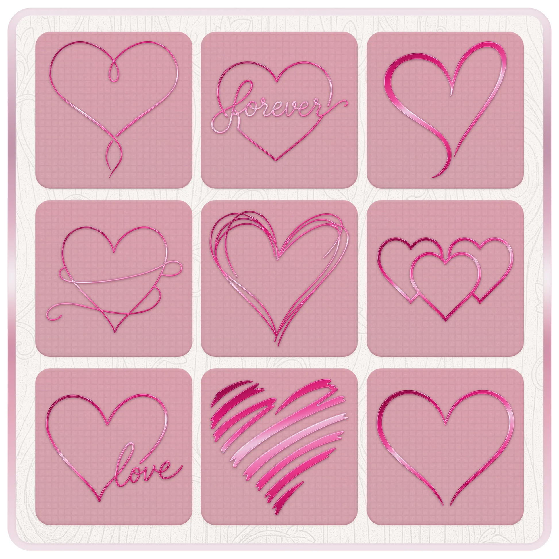 Nine retro Y2K heart SVG and PNG designs featuring forever lettering, love script, triple hearts, scribbled hearts and hand drawn heart outlines.