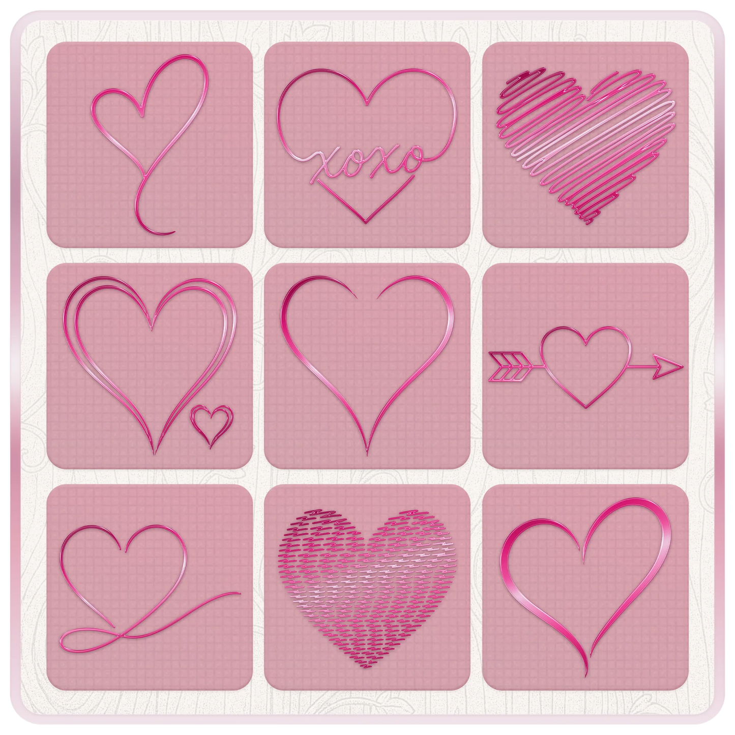 Nine Y2K love heart clipart designs including XOXO heart, scribble heart, heart arrow, double heart and flowing hand drawn heart SVG files.
