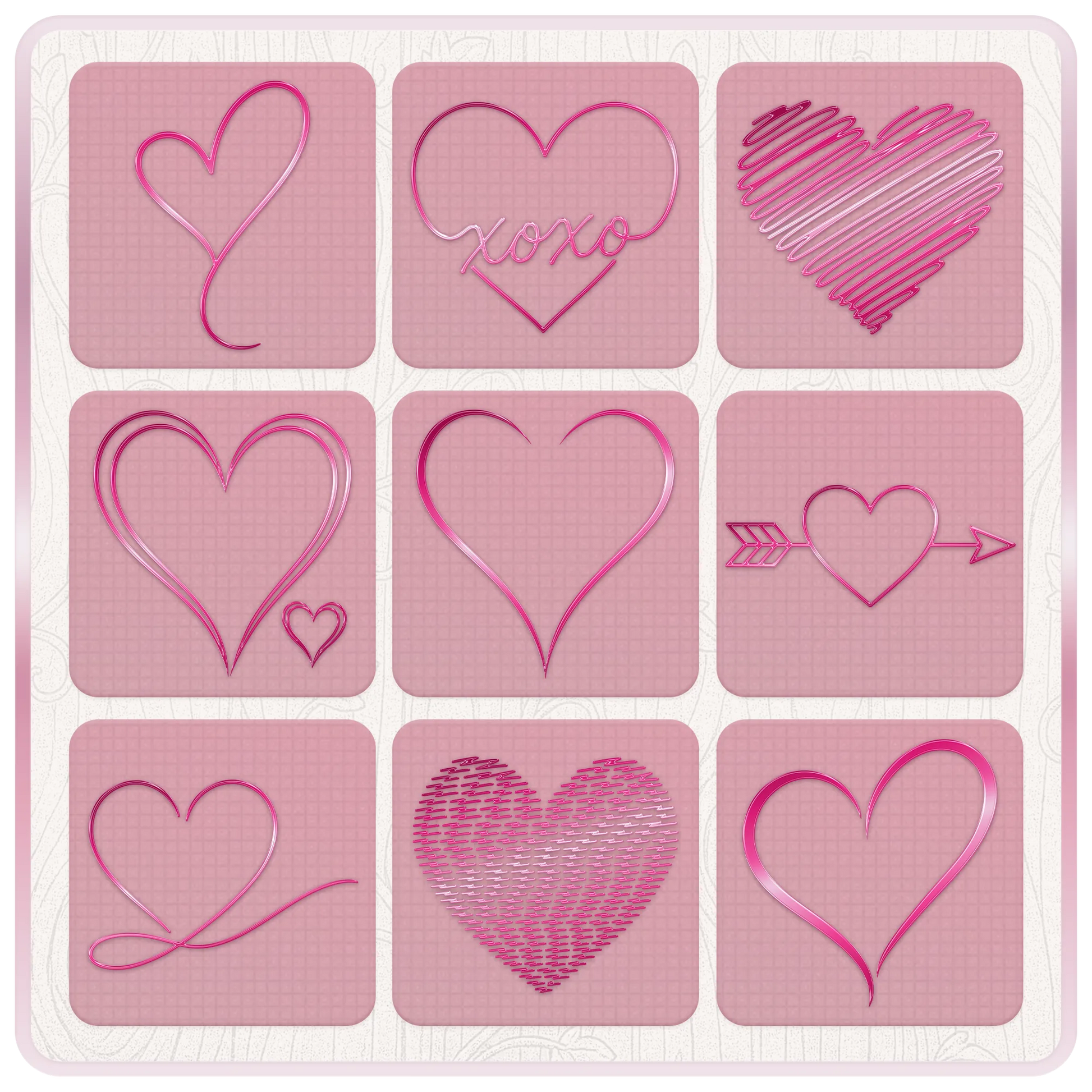 Nine Y2K love heart clipart designs including XOXO heart, scribble heart, heart arrow, double heart and flowing hand drawn heart SVG files.