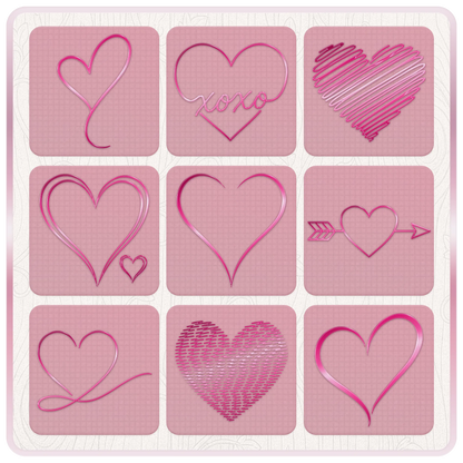 Nine Y2K love heart clipart designs including XOXO heart, scribble heart, heart arrow, double heart and flowing hand drawn heart SVG files.