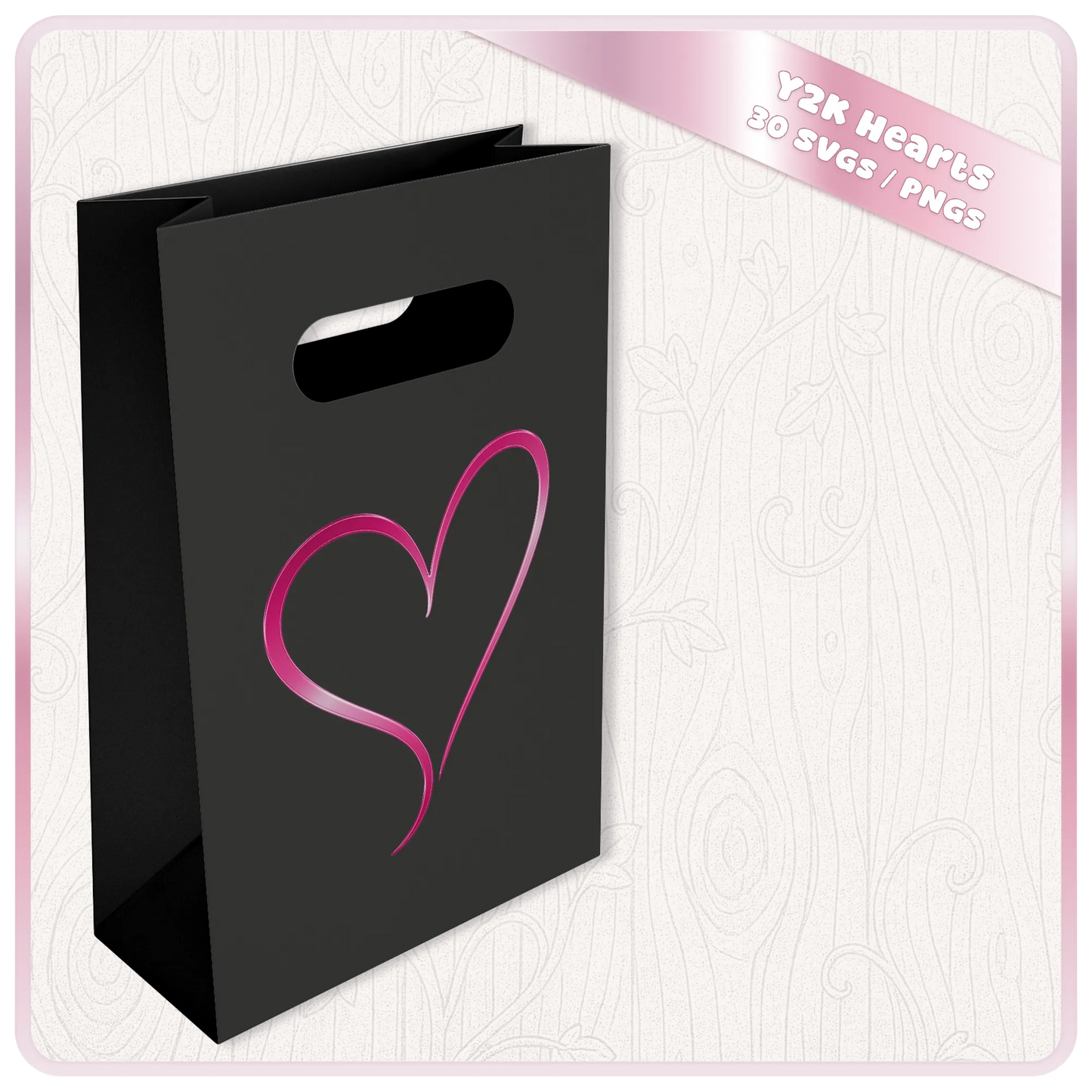 Y2K heart SVG design displayed on a black gift bag mockup showing a glossy pink retro heart graphic for craft and merchandise projects.