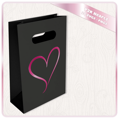 Y2K heart SVG design displayed on a black gift bag mockup showing a glossy pink retro heart graphic for craft and merchandise projects.