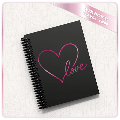 Y2K heart and love SVG displayed on a black spiral notebook featuring a glossy pink hand drawn heart and script love design.