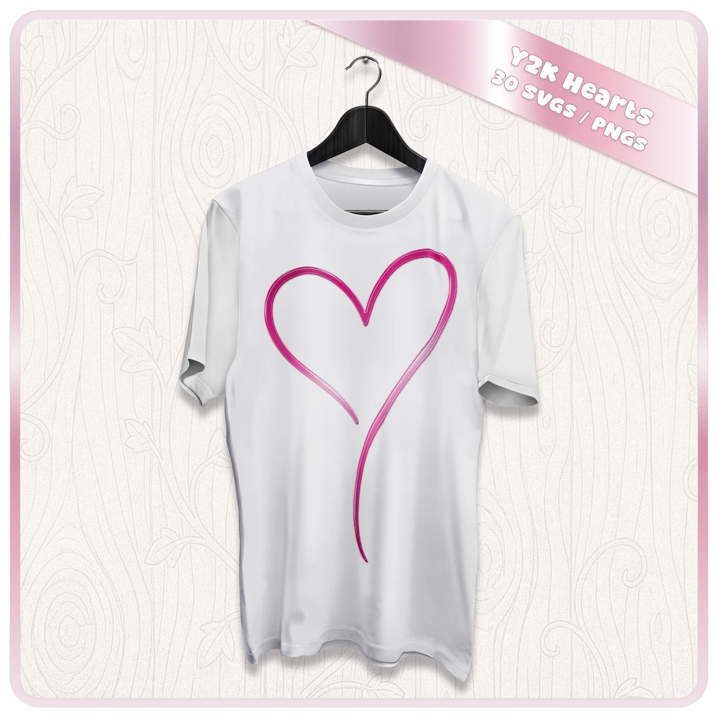 Y2K heart SVG displayed on a white T-shirt mockup featuring a large retro pink hand drawn heart design for apparel crafting.