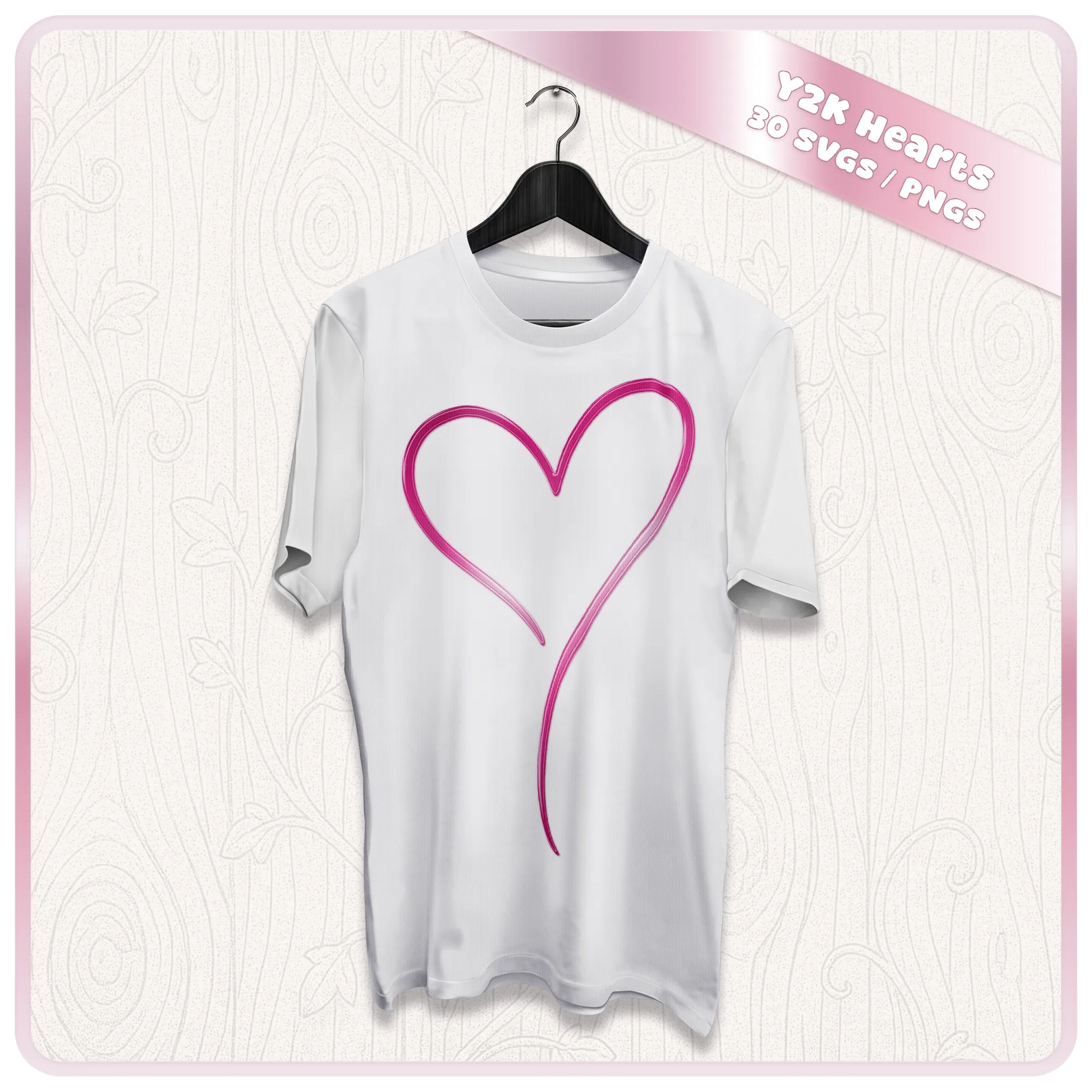 Y2K heart SVG displayed on a white T-shirt mockup featuring a large retro pink hand drawn heart design for apparel crafting.