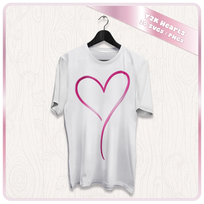 Y2K heart SVG displayed on a white T-shirt mockup featuring a large retro pink hand drawn heart design for apparel crafting.