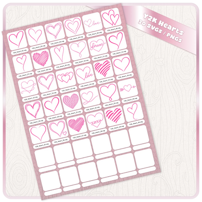 Y2K Hearts 30 SVG and PNG bundle preview showing all retro heart cut files including love, XOXO, scribble, arrow and hand drawn heart designs.