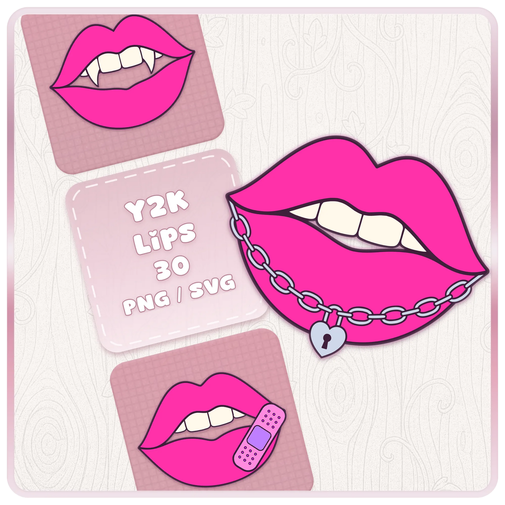 Y2K Lips SVG PNG bundle preview featuring hot pink lip clipart with chain, heart lock, vampire fangs, and bandage designs for Cricut and digital crafts.