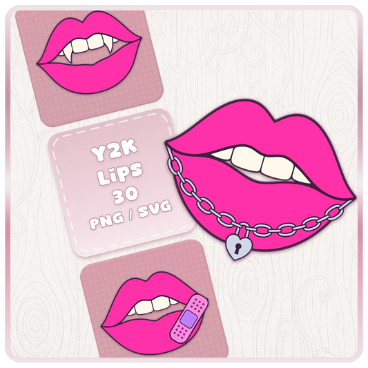 Y2K Lips SVG PNG bundle preview featuring hot pink lip clipart with chain, heart lock, vampire fangs, and bandage designs for Cricut and digital crafts.