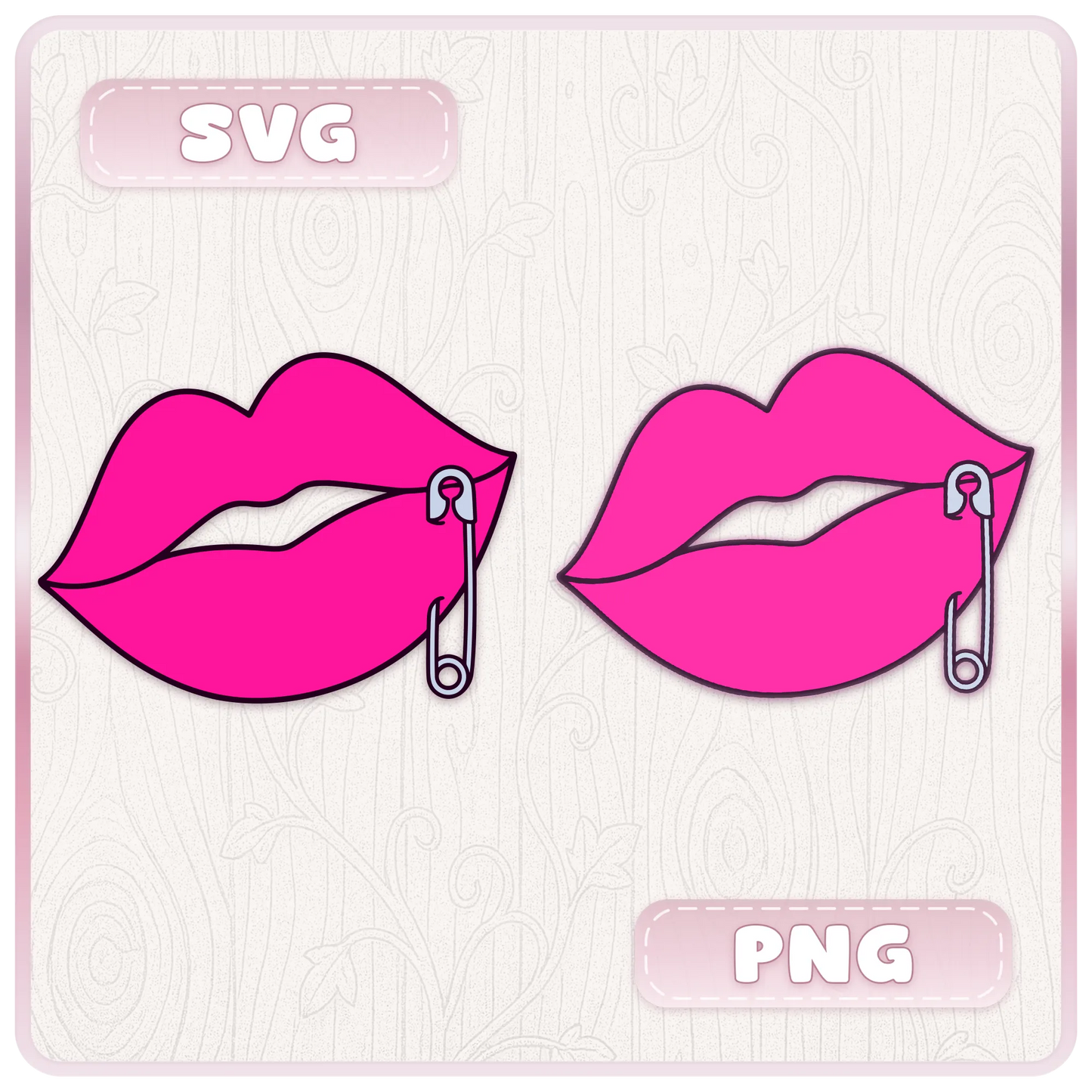 SVG and PNG file format preview showing hot pink Y2K lips with a safety pin piercing for cutting machines, stickers, and sublimation projects.