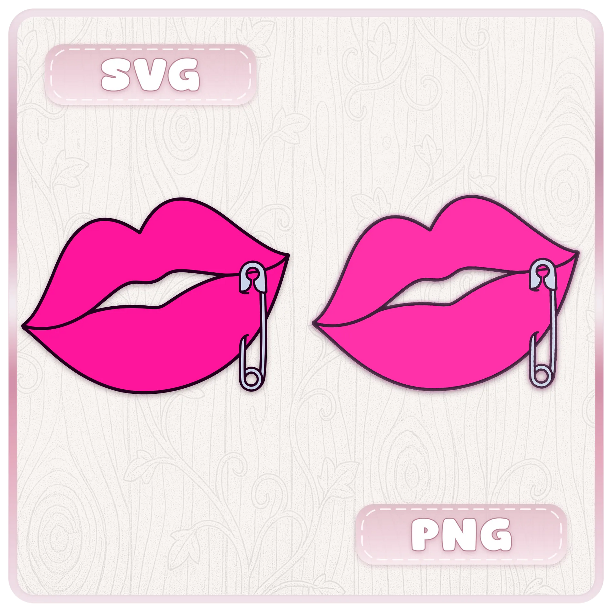 SVG and PNG file format preview showing hot pink Y2K lips with a safety pin piercing for cutting machines, stickers, and sublimation projects.
